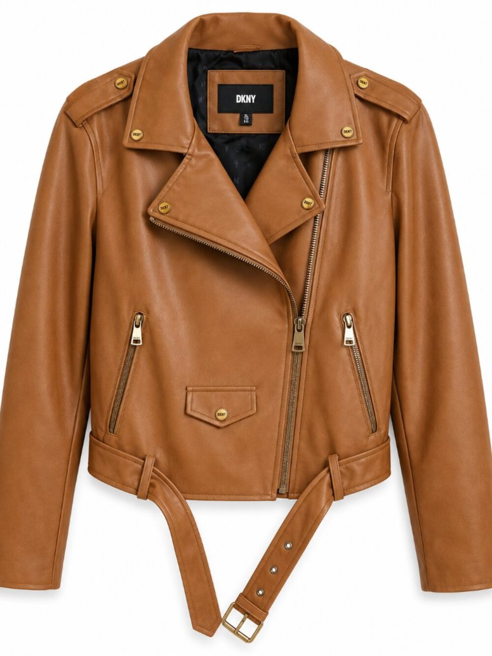 DKNY Faux Leather Moto Jacket XL Cognac Brown Belted Biker